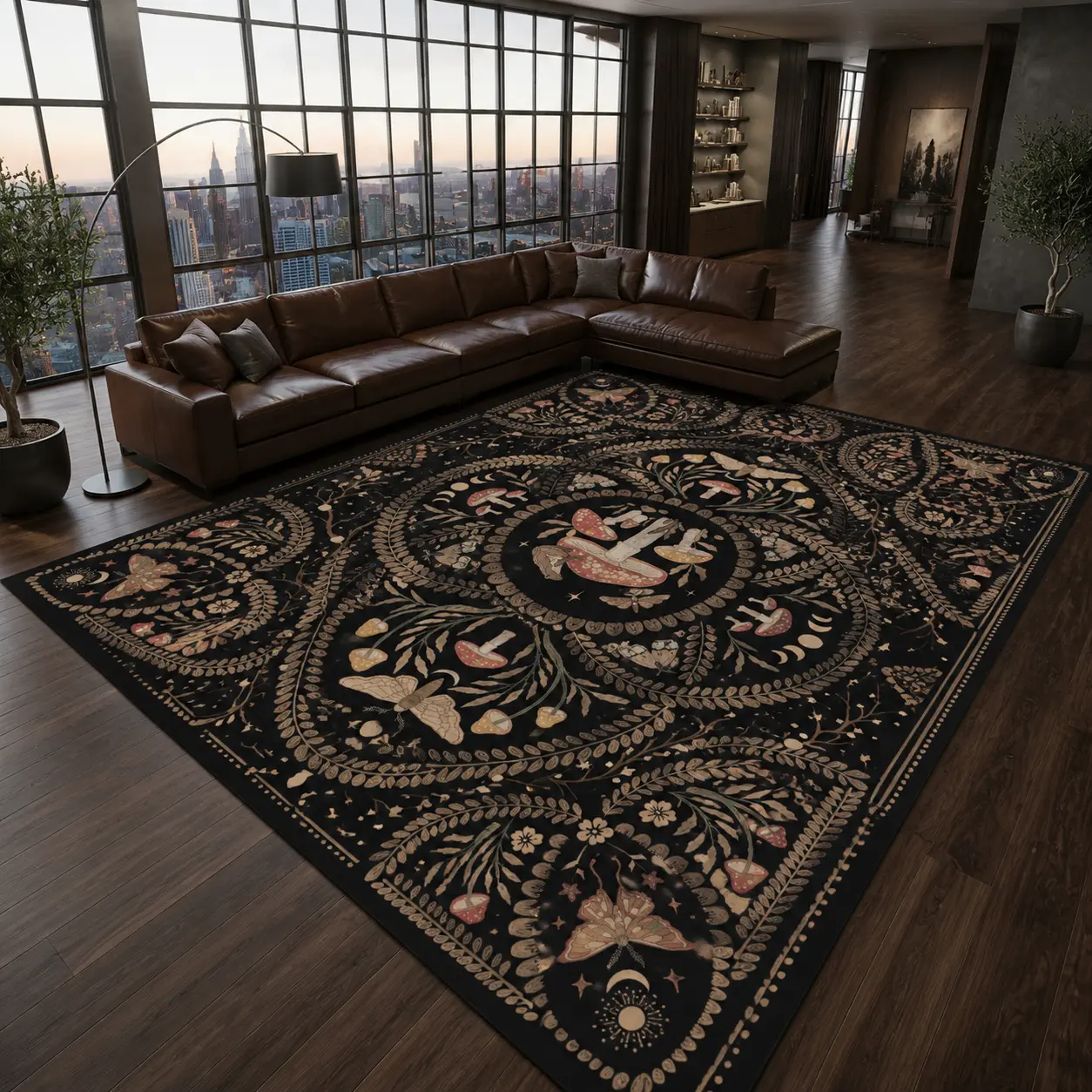 Black Mushroom Moth Celestial Washable Area Rug 8x10 5x8 4x6, Soft Velvet Low Pile Non Slip Indoor Carpet with TPR Backing, Witchy Cottagecore Rug for Living Room Bedroom Dorm Apartment Decor