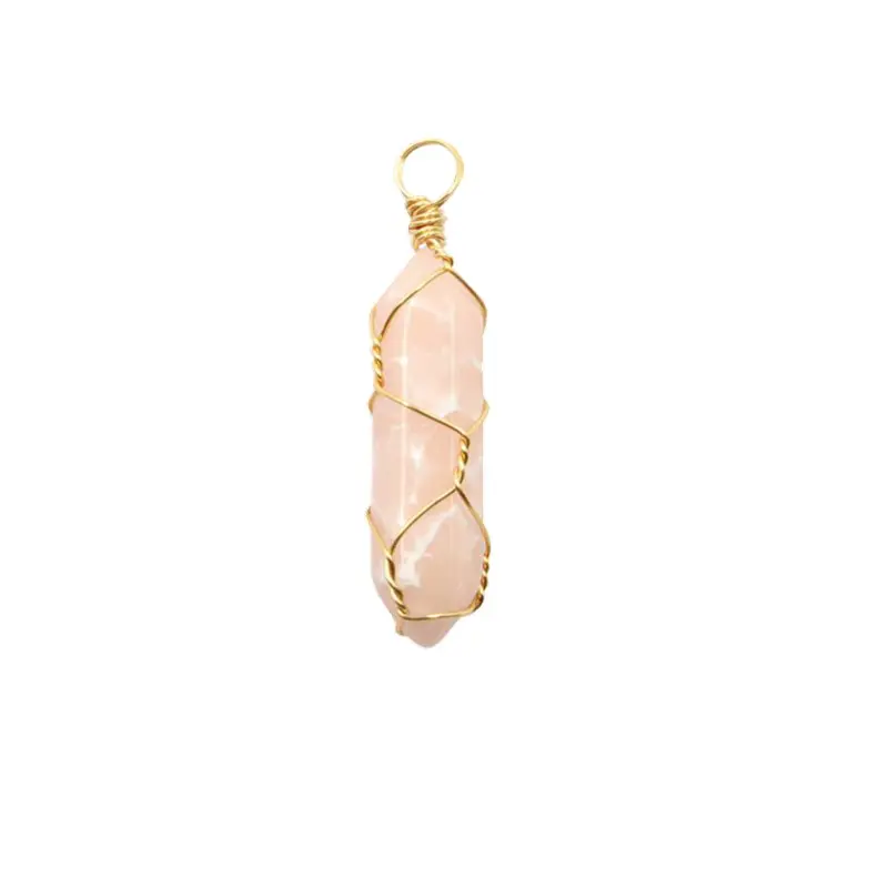 Raw Rose Quartz Pendant, Handmade Minimalist Gold-Tone Wire Wrapped Raw Stone for Women, Spiritual Necklace Gift for Everyday Wear, Crystal, Pendants, Boho Chic Crystal, Crystal Jewelry Gift