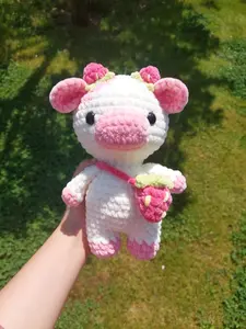 Strawberry Cow Crochet, Plushie Cow, Stuffed Animal Crochet, Pink Cow Plush, Chubby Cow Toy, Strawberry Crochet, Spring Themed Crochet Cow