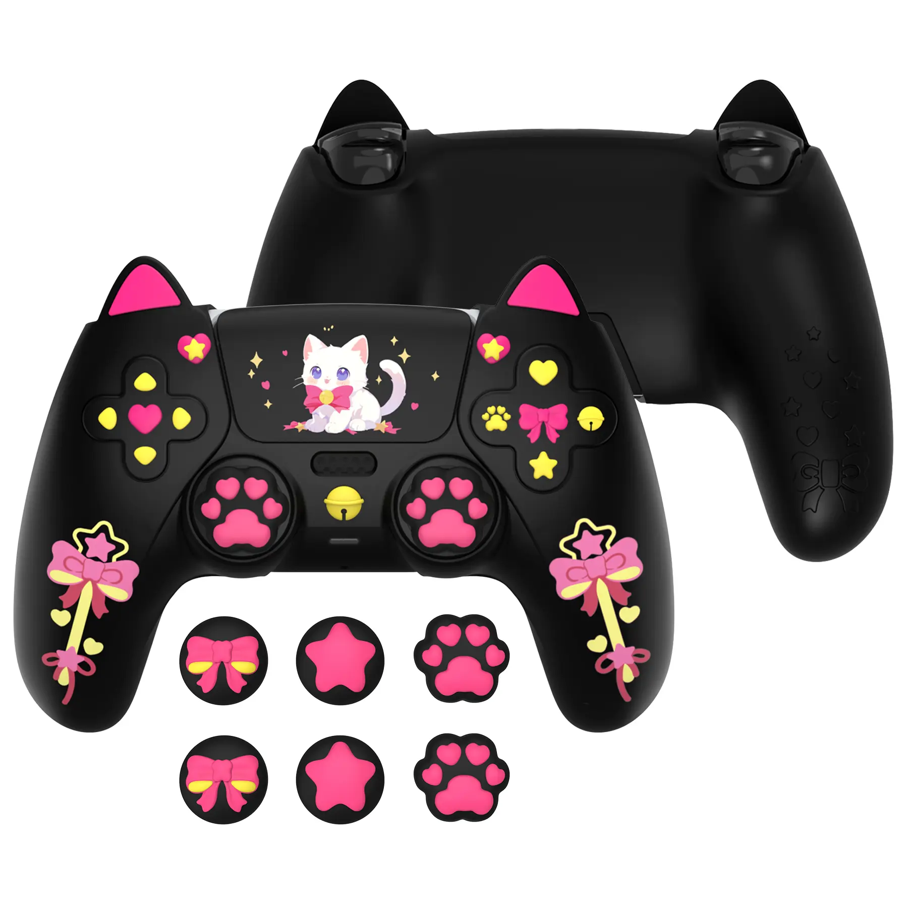 PlayVital Sweetheart Kitty Silicone Cover for PS5 Console Controllers w/ Joystick Caps, Sticker & Compatibility with PS5 Charging Dock - Black Gaming Accessories