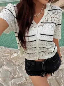 Summer Hollow Out Hoodie, Simple Striped Colorblock Short Sleeve Button Front Cardigan, Fashion Elegant Slim Fit Breathable Knit Top for Women