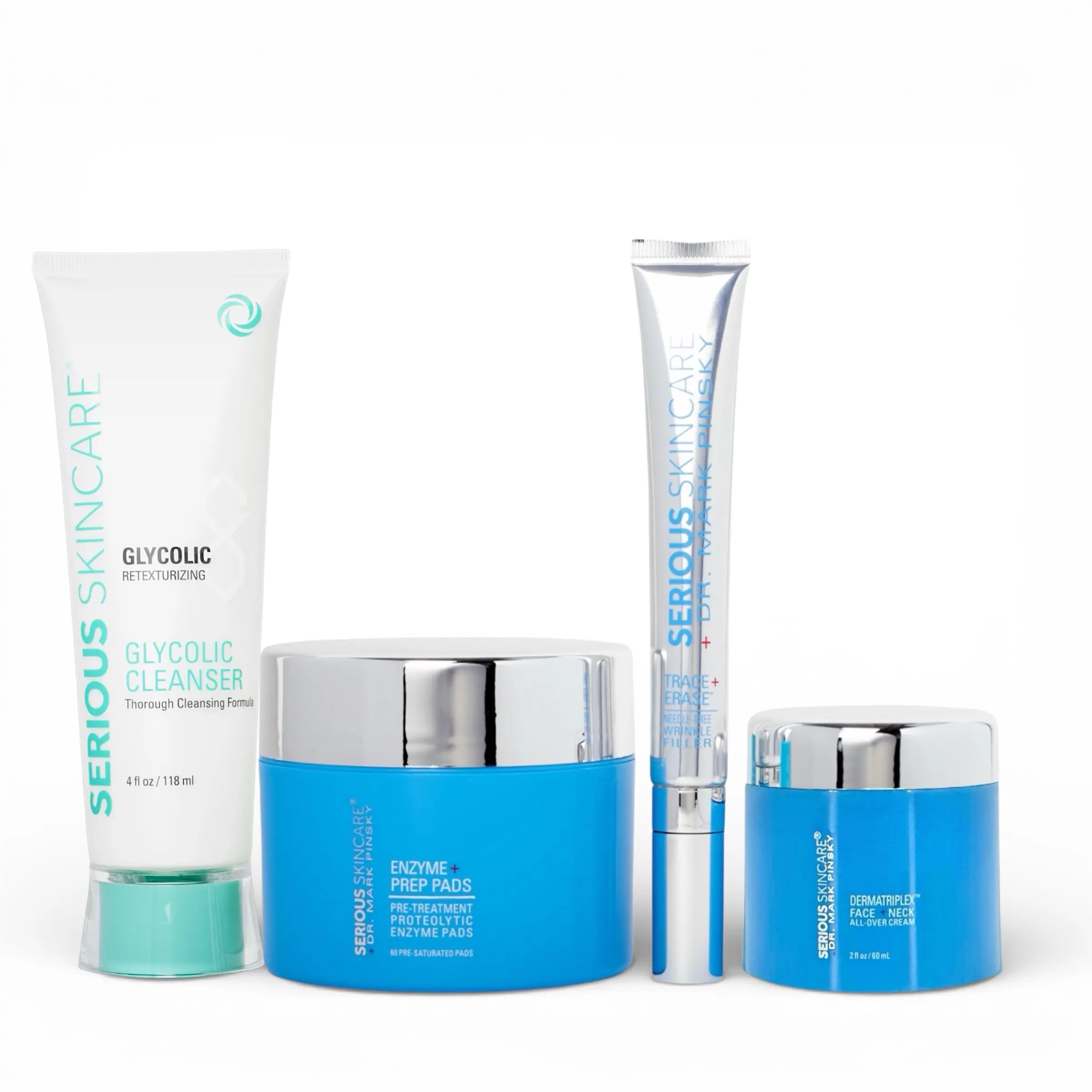 Dr. Mark Pinsky + Bundle - 12oz Glycolic Retexturizing Cleanser, 60ct Enzyme+ Prep Pads, 1oz Trace + Erase Needle Free Wrinkle Filler, 2oz Dermatriplex Face + Neck Cream