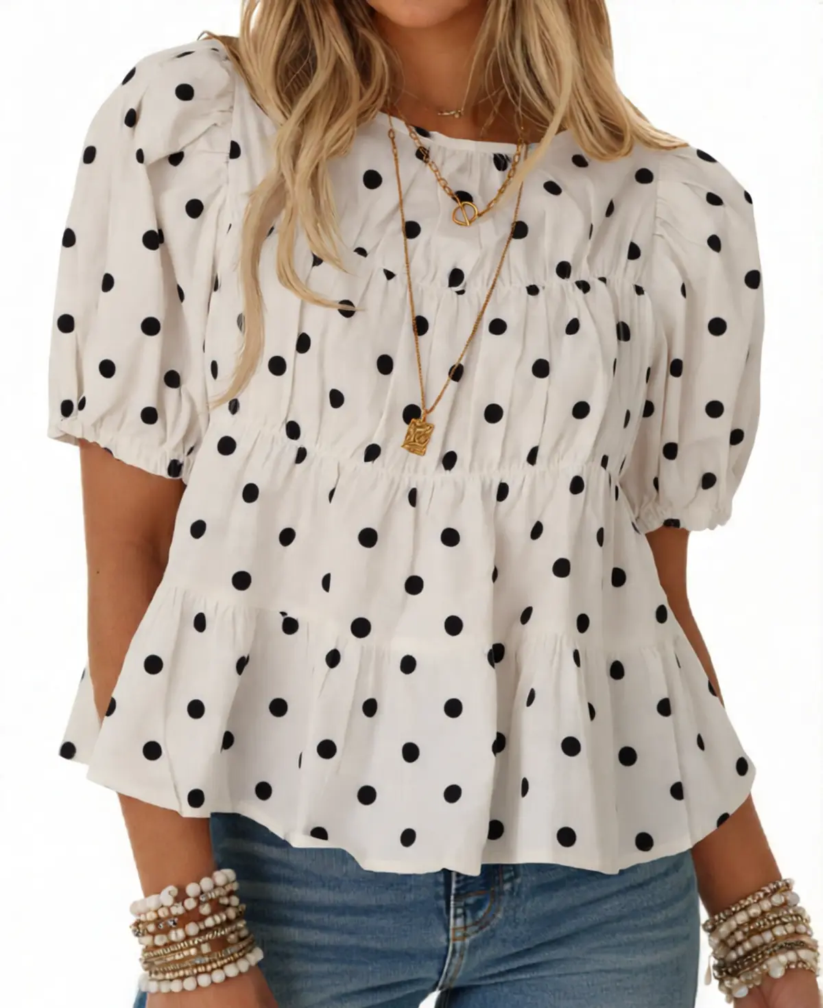 TANKANEO Women's Cute Polka Dot Puff Sleeve Peplum Babydoll Blouse, Lightweight Loose Fit 100% Cotton Fabric Top