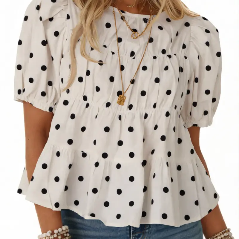 TANKANEO Women's 100% Cotton Fabric Crew Neck Polka Dot Puff-Sleeve Peplum Babydoll Blouse - Lightweight, Loose Fit, Elegant Style Top for Coffee Dates, Beach Day Outings