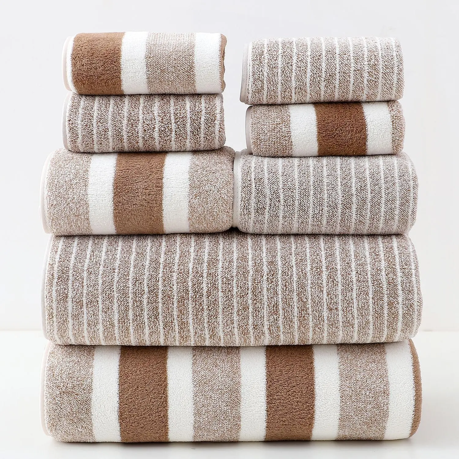 8-Piece Regular / Large-Sized Bath Towel Sets Coral Fleece Ultra-Absorbent Non-Shedding Towels, Dual Color Stripe (2 Bath Towels + 2 Hand Towels + 4 Face Cloths) Suitable for Home Use, Travel, Hotels, Camping, Swimming, and Fitness.