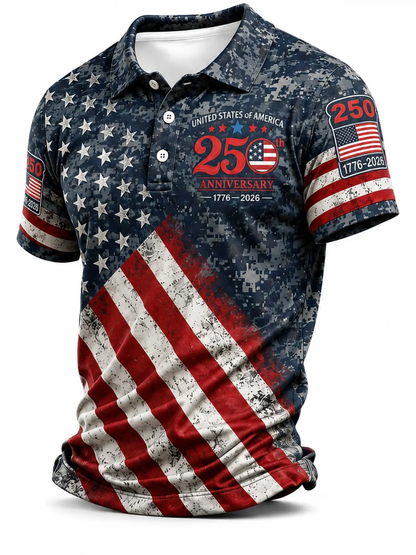 Patriotic American Flag Polo Shirt for Men in Navy Blue Digital Camo, American 250th Anniversary 1776 2026 Polo Shirt Menswear for 4th of July Gifts