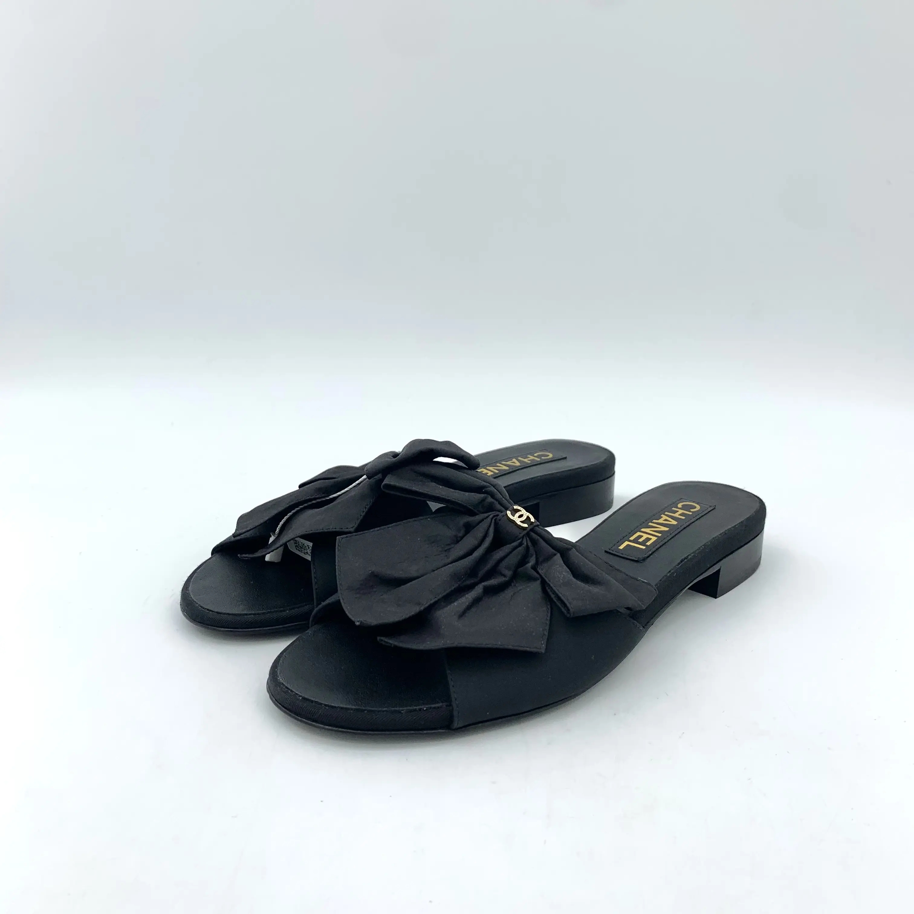 RDLTS- Chanel Black Logo Bow Flat Slide Sandals Size US 6
