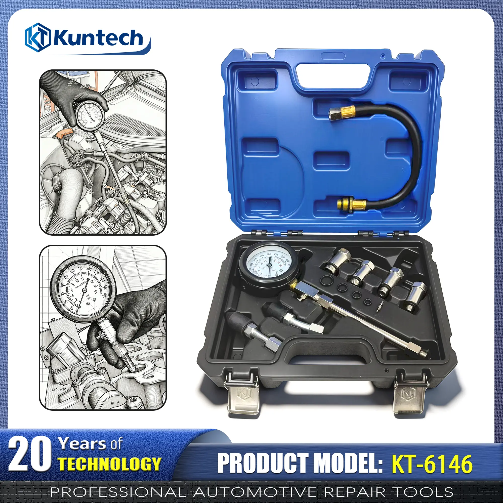 Cylinder Compression Tester Kit, Automotive Engine Cylinder Pressure Gauge with Multiple Adapters & Flexible Hose, Gas Engine Diagnostic Test Tool for Cars Motorcycles ATVs KT-6146