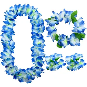 Hawaiian Leis 4- Set | Extra- 80-Petal Density Silk Flower Necklace, Headband & 2 Wristbands | Soft Tropical Luau Party Favors & Costume Accessories