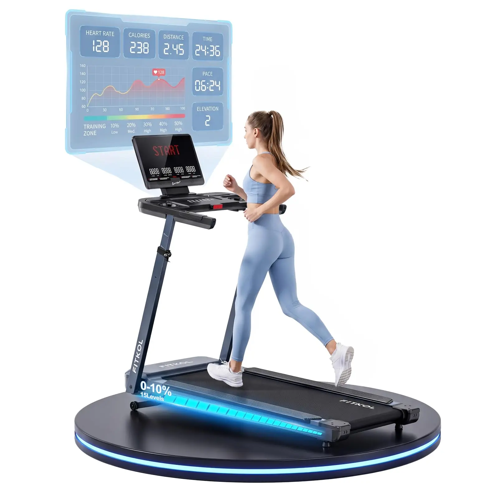FITKOL AI-Adaptive Smart Home Treadmill - Auto Adjust Speed & Incline, Smart Heart Rate Monitoring, Real-Time AI Running Guidance, 5HP Motor, 440 lb Capacity, Extra Wide Design, 61.7x27.7x55.7 in, No Subscription Required