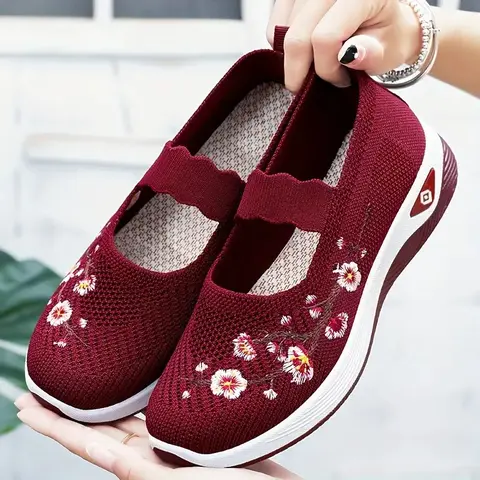 Rain Core Women's Ankle Athletic Slip-On Walking Shoes - Floral Embroidery, Round Toe, Minimalist Design, Knit Upper, All-Seasons Lightweight PVC Fabric, Comfortable Home-to-Street Footwear