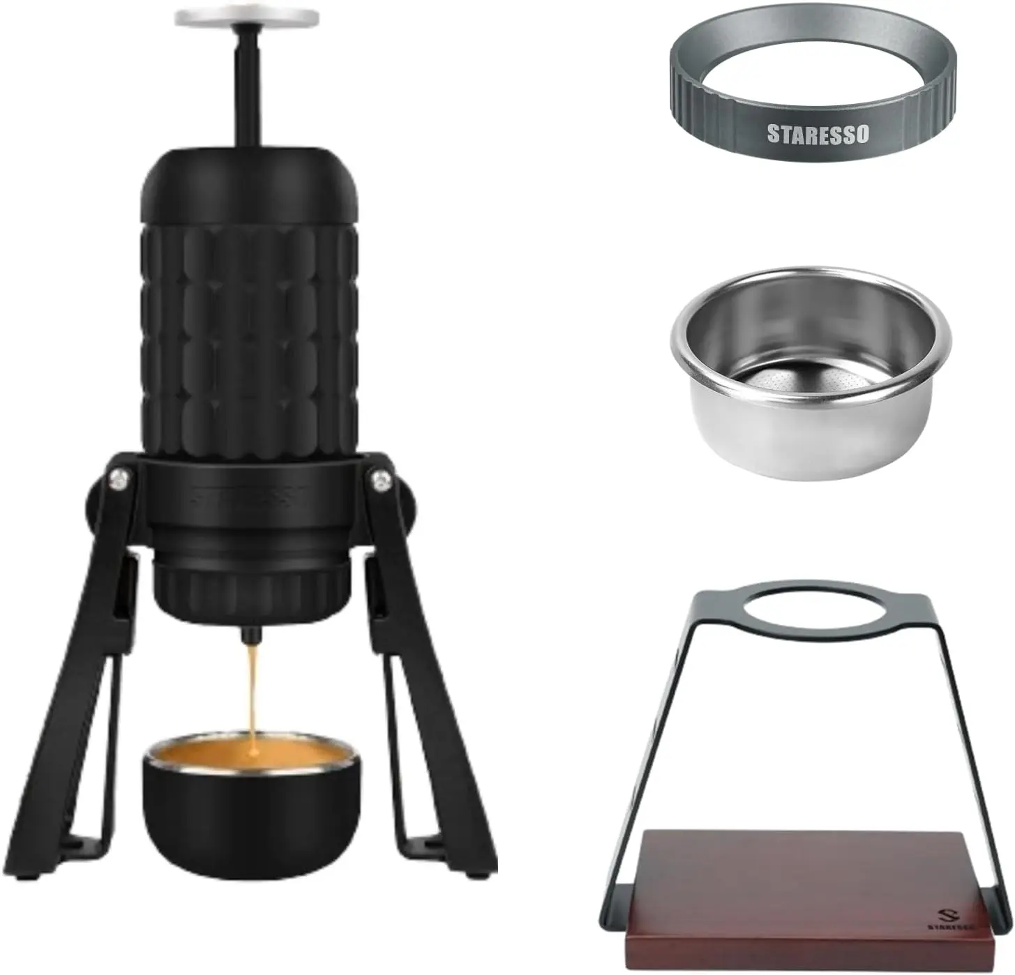 STARESSO Plus Portable Manual Espresso Machine Set, with 53mm Silicone Dosing Funnel, Bottomless Portafilter Expansion Stand Set, 18~22% Gold Extraction Rate, Consistent Dosing, Fits Larger Cups