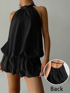 Women's Sexy Solid Backless Halter Neck Mini Dress, Sleeveless, Fitted, Summer, Aesthetic, Summer Dresses Women Mini Dress For Valentine's Day Date & Party