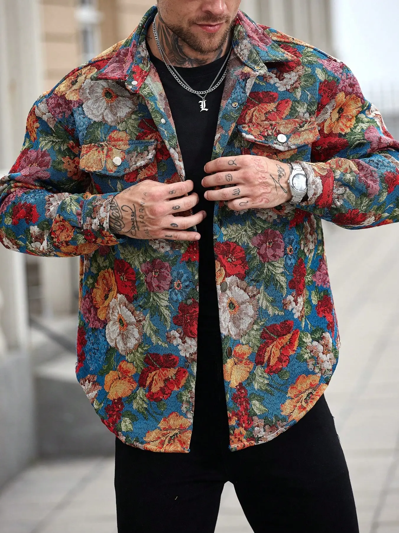 Men's Vintage Floral Tapestry Button Down Long Sleeve Shirt Jacket - Retro Textured Casual Street Style Casual Streetwear Menswear Shacket