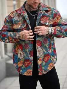 Men's Vintage Floral Tapestry Button Down Long Sleeve Shirt Jacket - Retro Textured Casual Streetwear Menswear Shacket