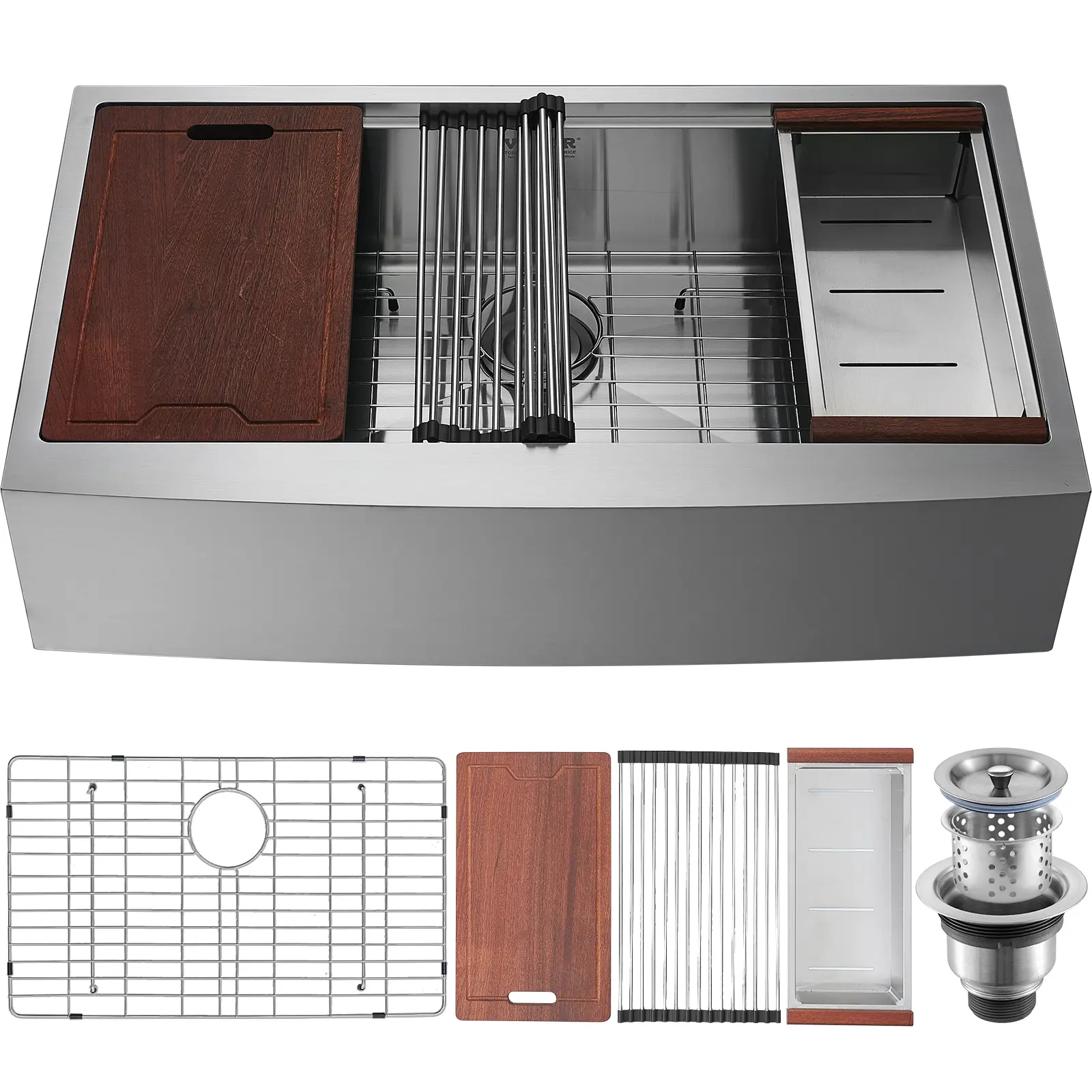 【Summerfinds】VEVOR 33-Inch 304 Stainless Steel Farmhouse Drop-In Drain Rack Single Bowl Kitchen Sink, Top-Mount Workstation with Ledge, Brushed Inner Surface, Draining Basket, Sahibili Wood Cutting Board & Durable Accessories for Home Prep, Bar Use, Large