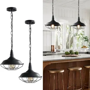 Black Farmhouse Pendant Light, 2 Pack Industrial Vintage Metal Wire Cage Hanging Light with Adjustable Chain for Kitchen Barn Hallway Porch Dining Room
