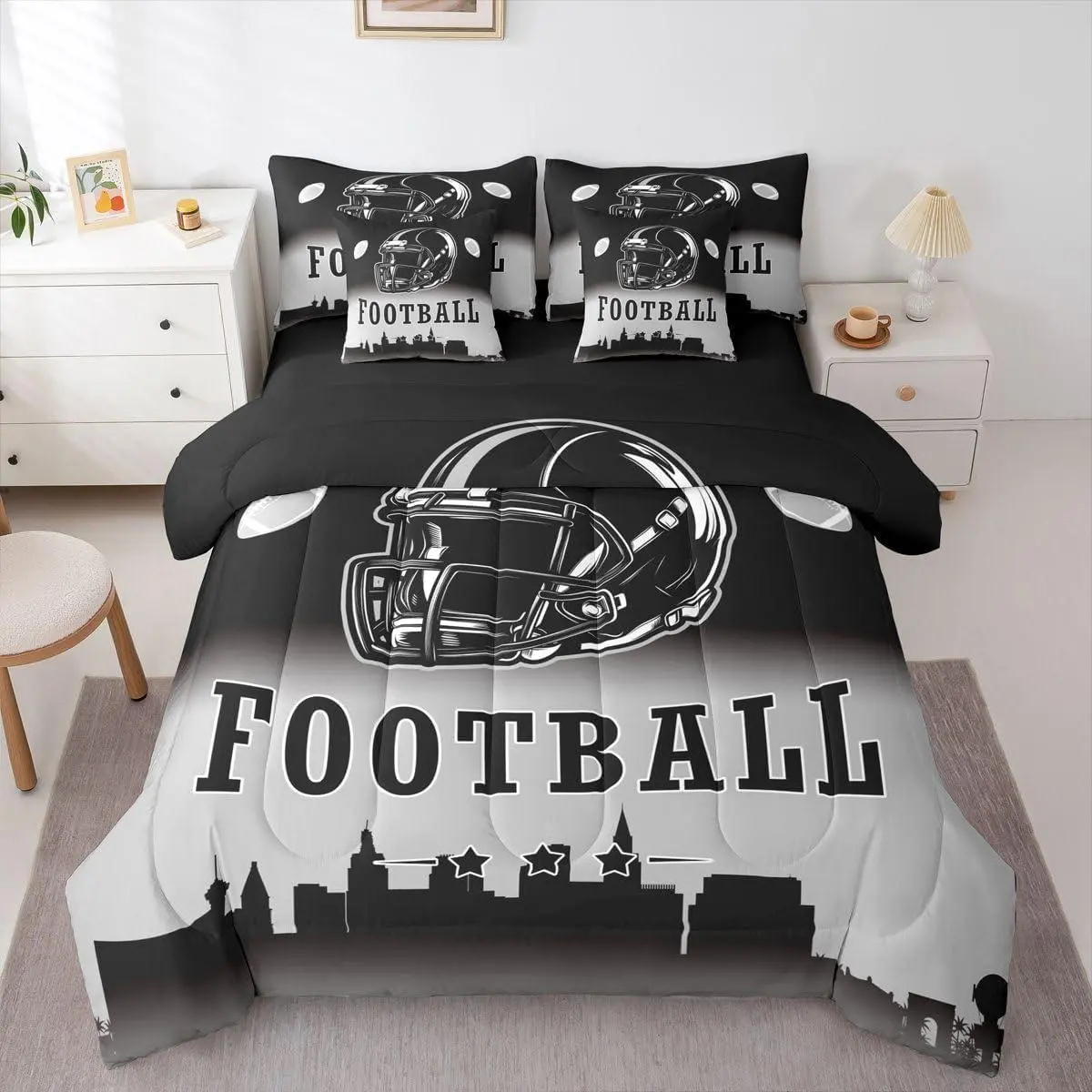 Football City Bed in A Bag Ball Sports Game 7 Piece Bedding Set,American Soccer Sports Rugby Comforter Set with Sheets for Kids Teen Adults,Black Grey Ombre Bed Set