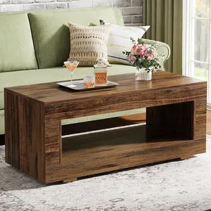 LITTLE TREE Wood Coffee Table for Living Room, 43.3" Modern Farmhouse Coffee Table with Storage, 2-Tier Rectangular Center Table Cocktail Living Room Table with Sturdy Base