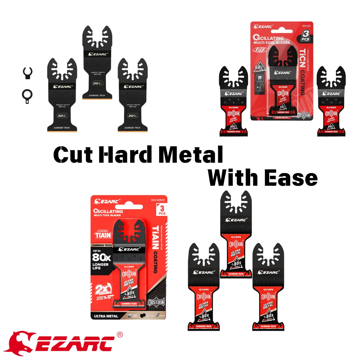 EZARC Obsidian Carbide-Coated Oscillating Multi-Tool Blades, 3-Pc Quick-Release Set with 80x TiAlN Heat Treatment, Long Blades Cut Deeper, Nail-Ready Cuts for Hard Metal, Nails, Bolts, Rockwell/Ridgid Compatible Heavy-Duty Cutting, Father's Day Gift