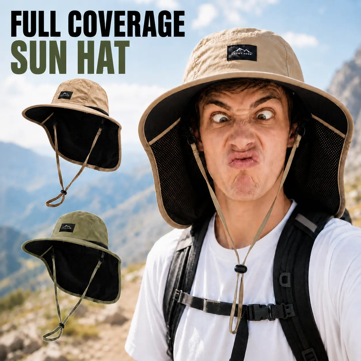 HYPICHOR-Outdoor Sun Protection Hat for Men Women, Wide Brim Fishing Hiking Hat with Breathable Mesh Neck Cover, Adjustable Summer Hat for Camping, Beach, Garden & Travel