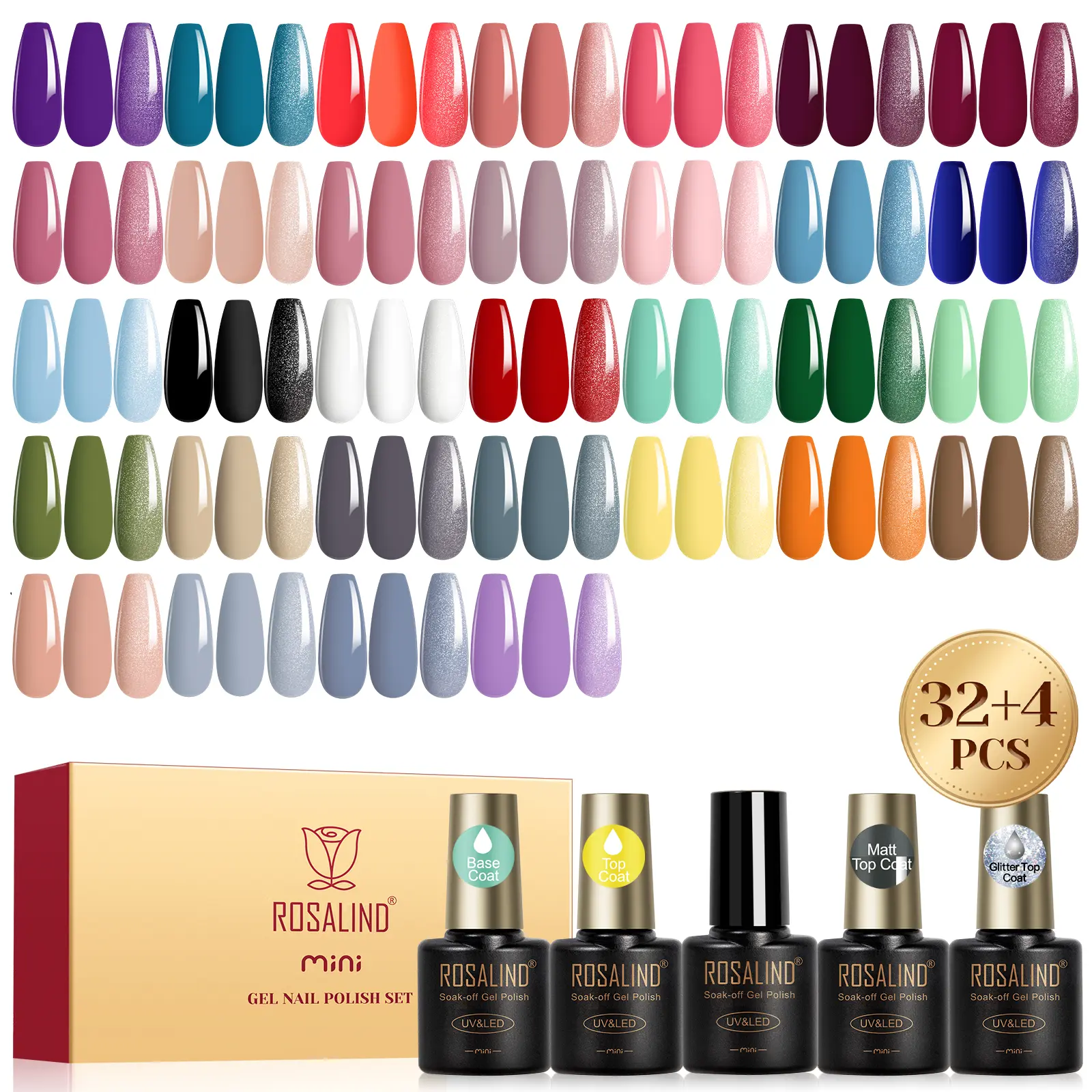 ROSALIND 36 Pcs Gel Nail Polish Set - 32 Color with Base Coat, Glossy & Matte & Glitter Top Coats, Purple Blue Nude Red Green All Season DIY Nail Art Kit, Long Lasting Home Manicure Gift for Women
