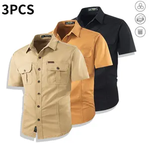 Set of 3 men’s solid-color casual outdoor workwear short-sleeve shirt jackets with buttoned pockets