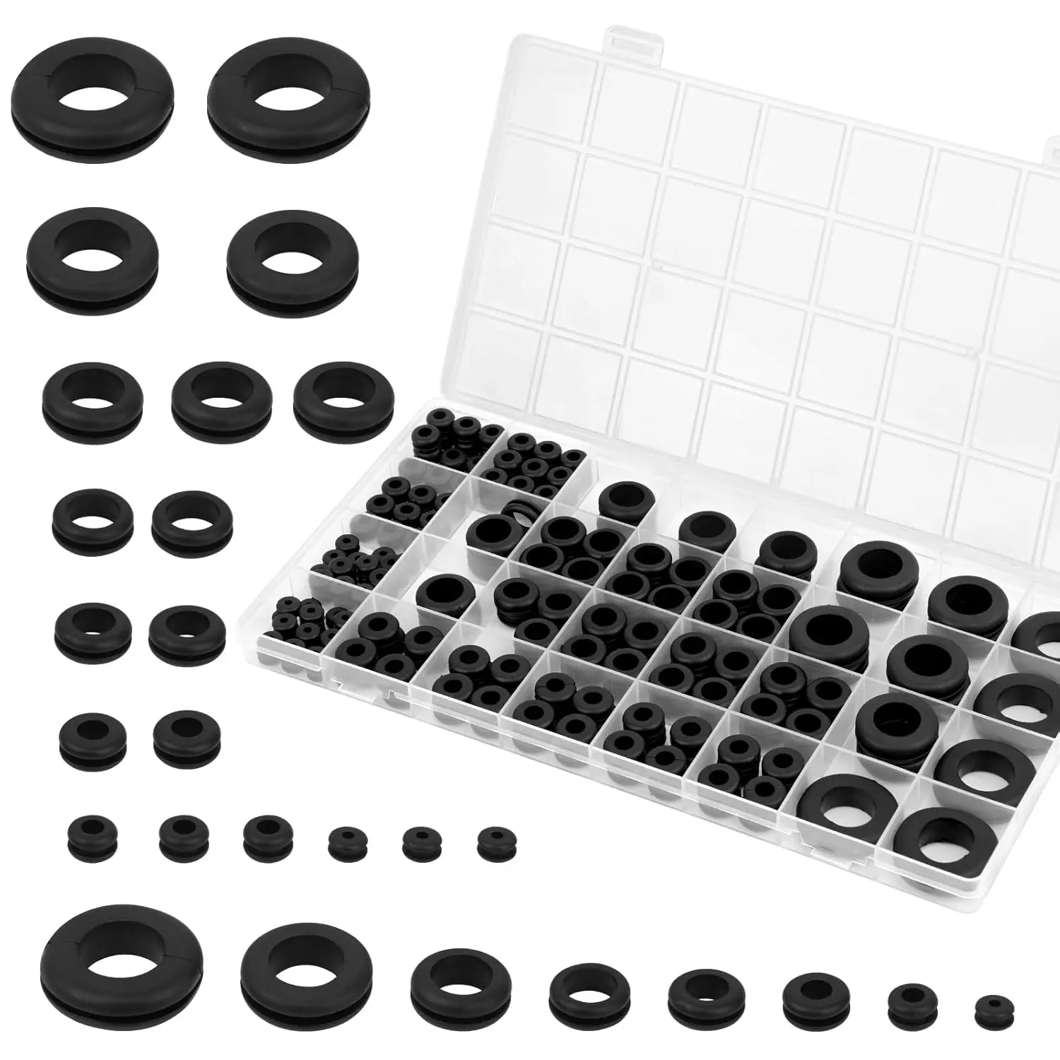 200pcs Rubber Grommet Kit, Hollow Firewall Grommet, 8 Sizes Wire Grommets Assortment for Wiring, Hole Plugs, Automotive, Cord Organization (1/2", 1/4", 3/8", 5/8", 7/8", 5/16", 7/16", 1")
