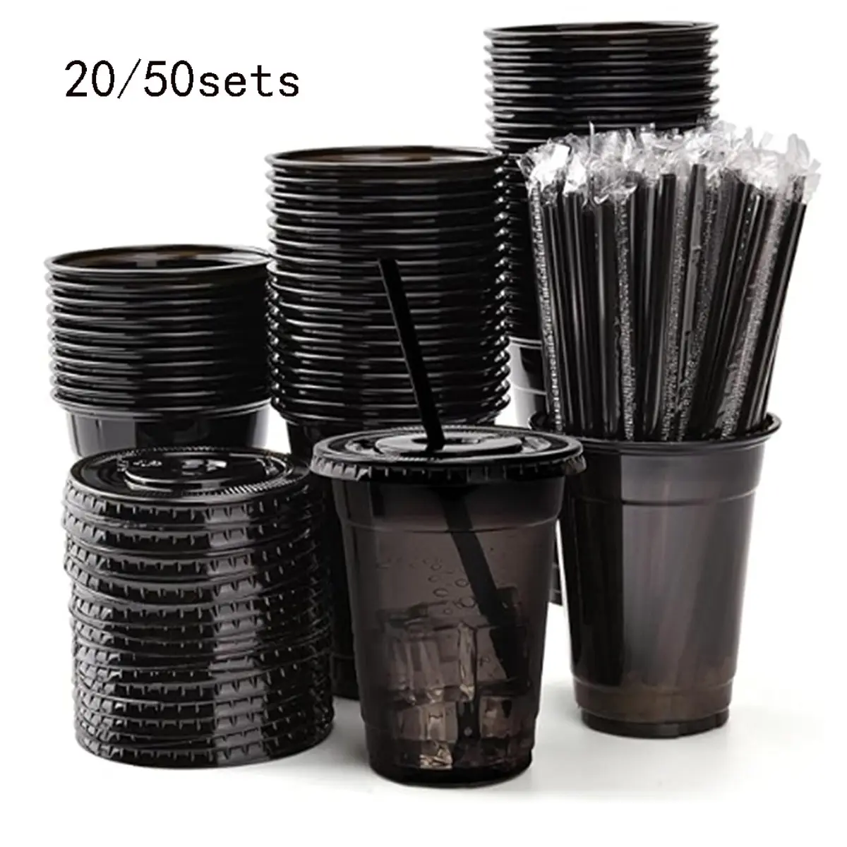 20/50 Pack 16oz Bulk Plastic Cups with Lids and Straws, Disposable Ice Coffee Cups, Portable Flat Bottom Cups for Cold Drinks, Bar Party Supplies, Convenience