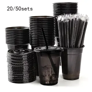 20/50 Pack 16oz Plastic Cups with Lids and Straws, Disposable Ice Coffee Cups, Portable Flat Bottom Cups for Cold Drinks, Bar Party Supplies, Convenience