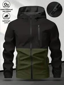 Men's Lightweight Windbreaker Athletic Jacket, Casual Hooded Patchwork Outdoor Sports Coat, Durable Polyester Non-Stretch Fabric, Zip Pockets, Spring & Fall