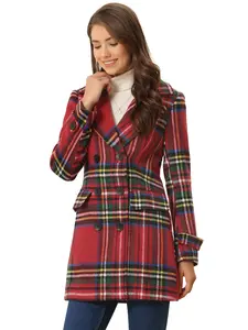 INSPIRE CHIC Buffalo Checks Double Breasted Notched Lapel Winter Long Plaid Trench Coat