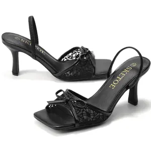 Kitten Heels sandals for Women Square Toe Open Toe Mesh Bow Sandals Comfortable Dressy Black cute kitten heels for party Wedding Shoes for Bride