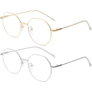 Polygon Blue Light Blocking Glasses for Women Men Vintage Octagon Square Non-prescription Metal Eyeglasses