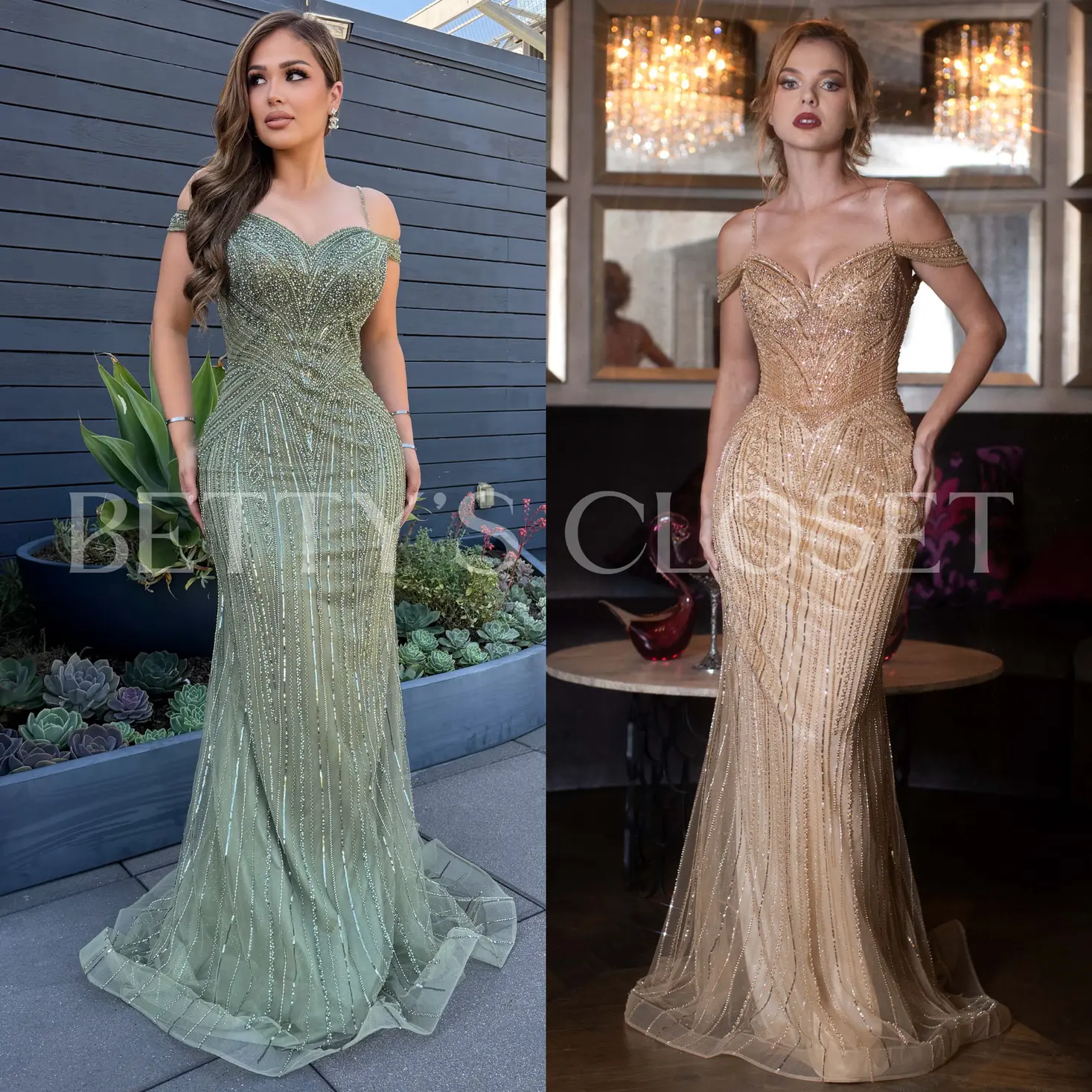 Mireya Off Beaded Mesh Sweetheart Long Gown