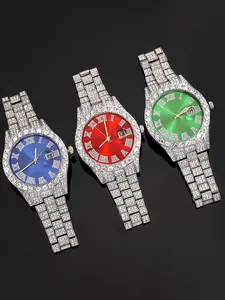 Quartz Watch Set Fashion Luxury Hip-Hop Style Unisex Daily Wear Shiny Rhinestone Decorated Watch Jewelry Gift for Friends All Seasons Zinc Alloy Chain Material