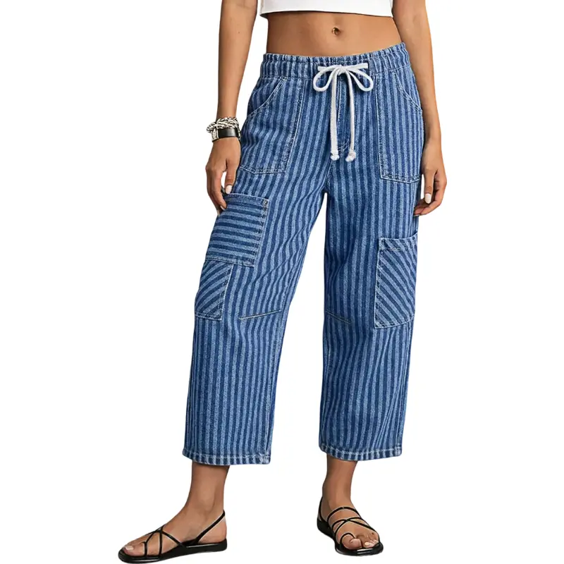 Flamingals Striped Patch Pocket Drawstring Mid Rise Straight Leg Crop Jeans Womenswear Stretchy 23.6" Inseam