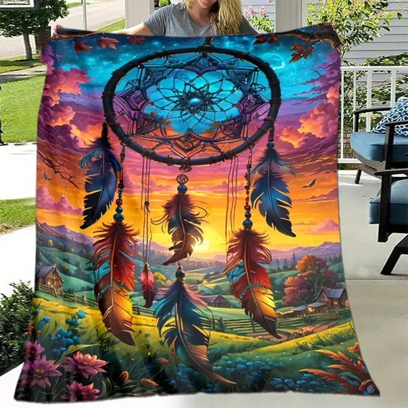 Vibrant Sunset Valley Countryside Dreamcatcher Feather Throw Blanket, Boho Colorful Nature Mountain Scenery Soft Flannel Blanket, Warm Lightweight Snuggle Blanket For Sofa Bed, Bohemian Aesthetic Room Decor Gift For Nature Lovers Hippie Women