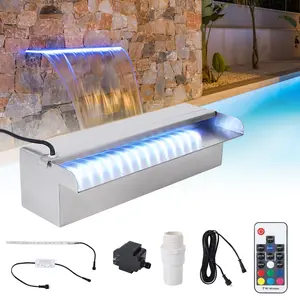 GARVEE Stainless Steel Pool Fountain Waterfall Spillway 11.8" x 4.5" x 3.1" with 9-Color LED Strip Light for Garden, Patio, and Swimming Pool Decoration