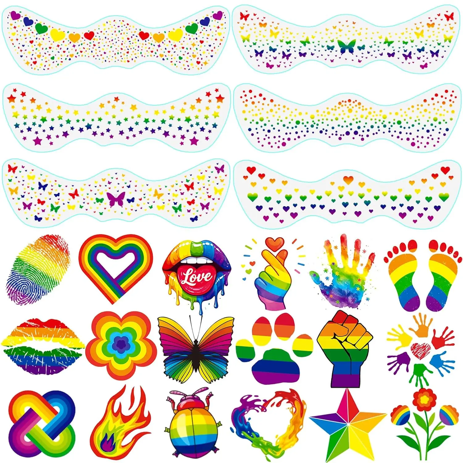 24-Sheet Pack Freckles Temporary Tattoos, 2 Sizes LGBTQ Pride Colors Design, Party Favors Accessories for Equality Parades Celebrations, Temporary Tattoo, Sheet Packs