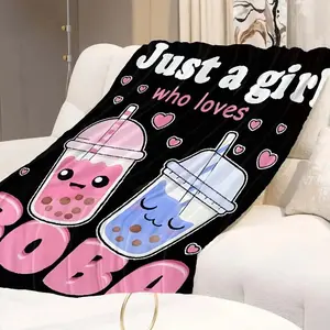 Boba Tea Cartoon Pattern Blanket Ultra Soft Flannel Cozy Warm Bedroom Couch Sofa Home Office Nap Throw Decor Birthday Gift Christmas Gift for Girls Teens Women Men Kids Bubble Tea Lovers Cute Style
