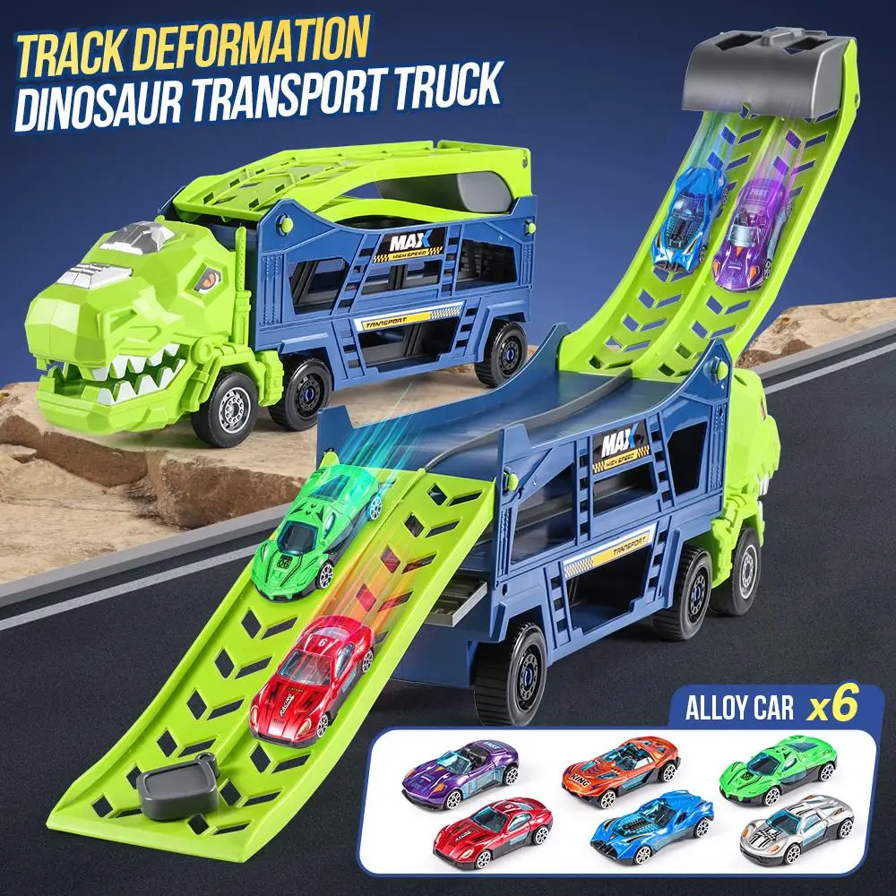 Dinosaur & Shark Head Transport Truck Toy, Foldable High Glide Race Track Cargo Truck With Alloy Mini Cars, Inertia Engineering Vehicle Playset, Educational Toy, Holiday Gift for Kids Ages 3+