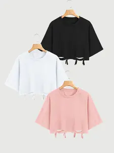 2026 Viral Distressed Cut Out Fringe Crop Top for Women, Womenswear, 3 Pack Solid Color Drop Shoulder Short Sleeve T Shirts with Tassel Detail, Y2K Aesthetic Grunge Casual Basic Tees, Streetwear Punk Tops for Daily Outings, Summer Fashion