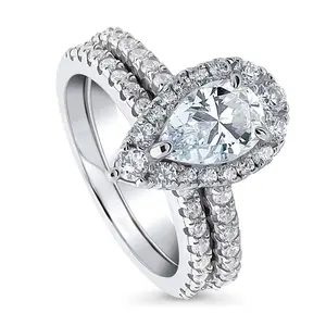 BERRICLE Sterling Silver Halo Engagement Rings Statement Stackable Band for Women, Pear Cut Cubic Zirconia CZ Ring Set