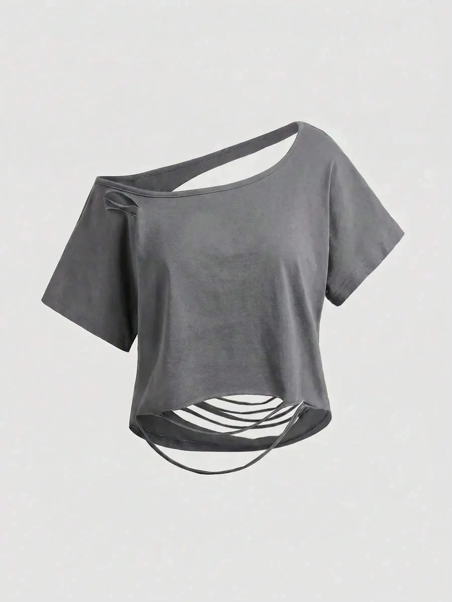Grunge Punk Asymmetric Shoulder Ripped Open Back Loose Cropped T-Shirt