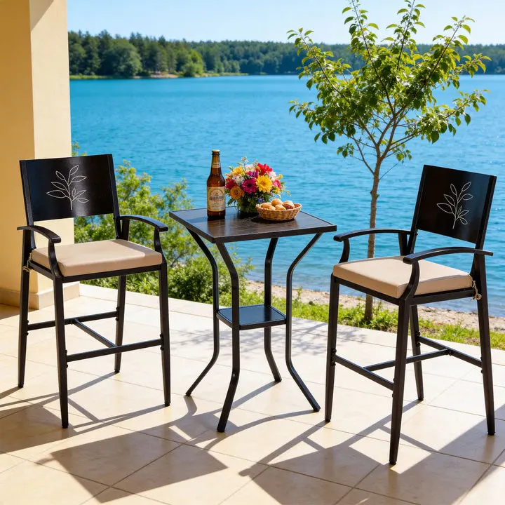 ZZWHOM Commercial Restaurant 3-Piece High-Top Bistro Set, Sturdy Modern Waterproof Adjustable All-Weather Metal Barstools with Table, Assembly Required Outdoor Furniture for Patio (Black)