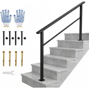 GAOMON Outdoor Handrail for Steps, 5-Step Stair Railing Kit with Adjustable Angle, Black Aluminum Handrail & Iron Poles for Porch, Deck, Stairs (1 Pack, 5 Steps)