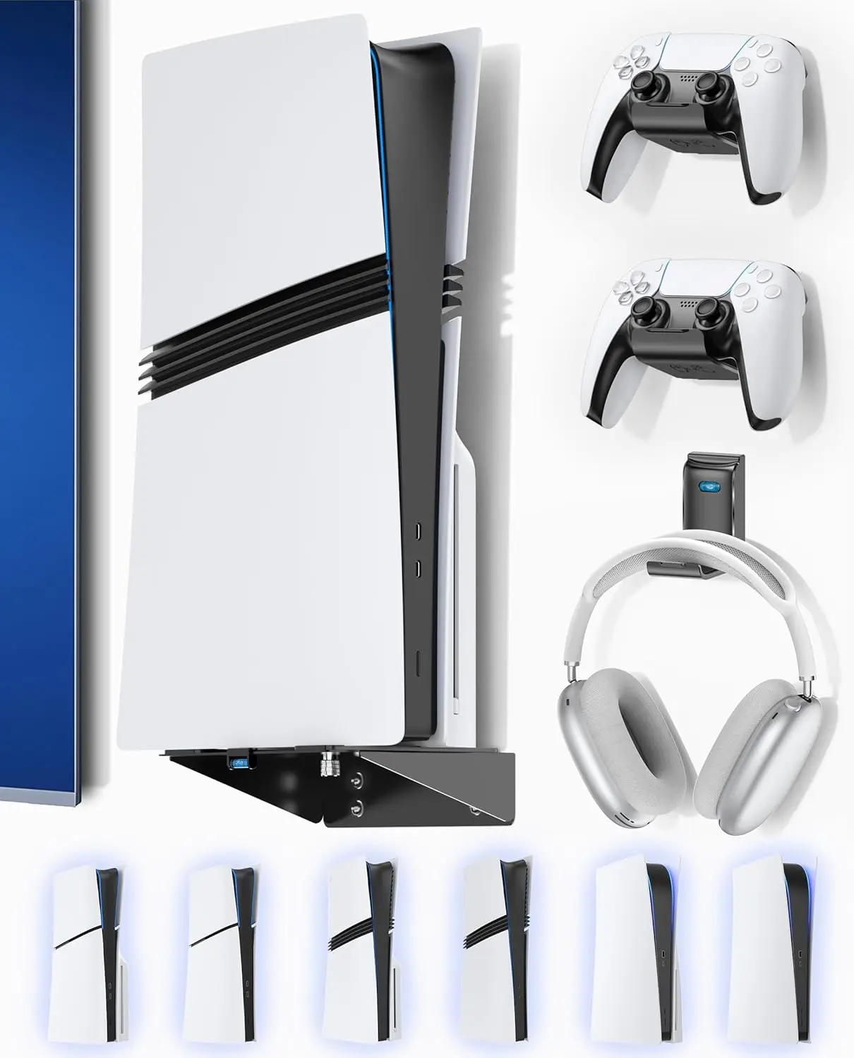 PS5/Slim/Pro Wall Mount with Headset & Controller Holder,  PS5 Metal Shelf Floating Mount, Universal 2 Packs Controller Stand and Headphone Stand,  Accessries for All  5 Console