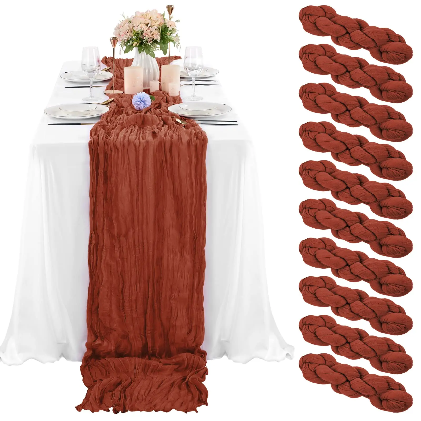 5 Pcs Terracotta Cheesecloth Table Runner 10FT, Gauze Table Runner for Wedding Reception Sheer Bridal Shower Birthday Party Boho Table Decoration, Rustic Romantic Wedding Runner