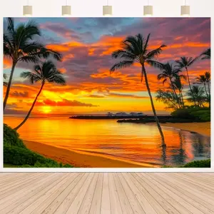 Tropical Beach Sunset Palm Tree Backdrop Banner, Polyester Summer-Vibe Festive Decor for Birthday & Wedding Parties, Single-Piece with Multiple Sizes Available